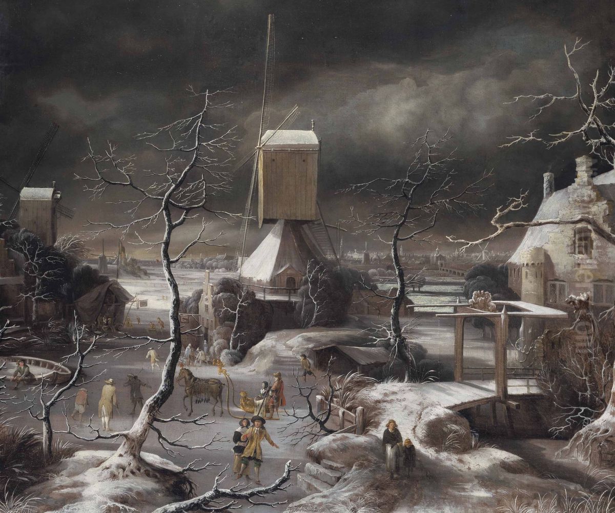 A winter landscape with a horse-drawn sledge, skaters and golfers on a frozen waterway by a windmill, Amsterdam and the IJ beyond Oil Painting by Jan Abrahamsz Beerstraaten