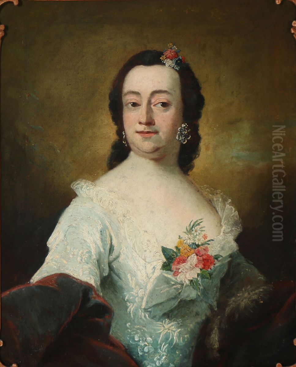 Regitze Sophie Skeel, f. baronesse Guldencrone (1706-1799). I lysebla udringet kjole med slojfe og blomsterbuket i udskaeringen. Oil Painting by Peder Als