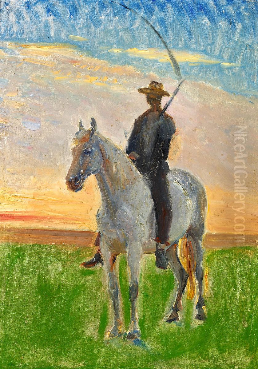 Young harvester riding home. Study. Oil Painting by Michael Peter Ancher
