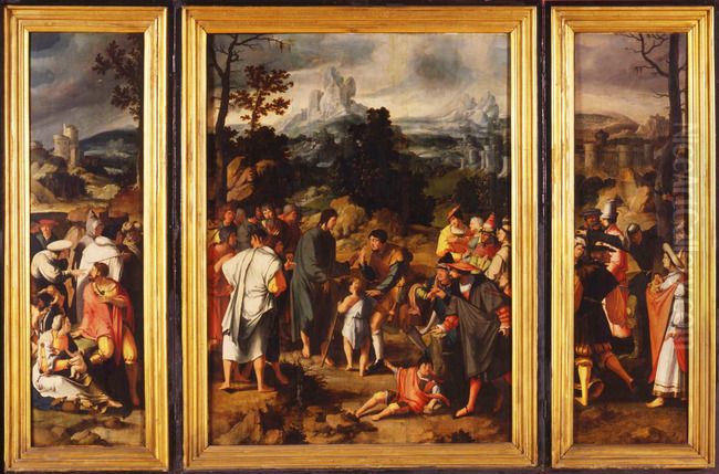 Triptych with the healing of the blind man of Jericho Oil Painting by Jan Van Scorel