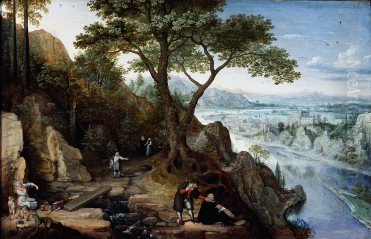 Riverlandscape with a view on Linz; a self portrait of the artist inj the foreground Oil Painting by Lucas van Valckenborch