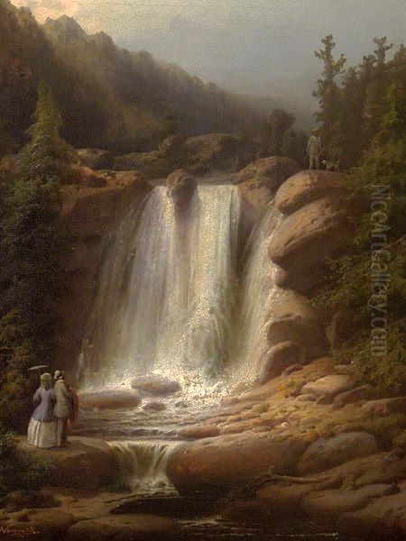 Waterfall on the Mumlava River in the Giant Mountains Oil Painting by Josef Navratil