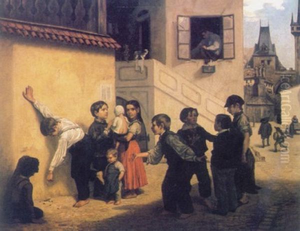 Children Playing at Kampa (Children at Kampa, Prague Urchins) Oil Painting by Sobeslav Pinkas