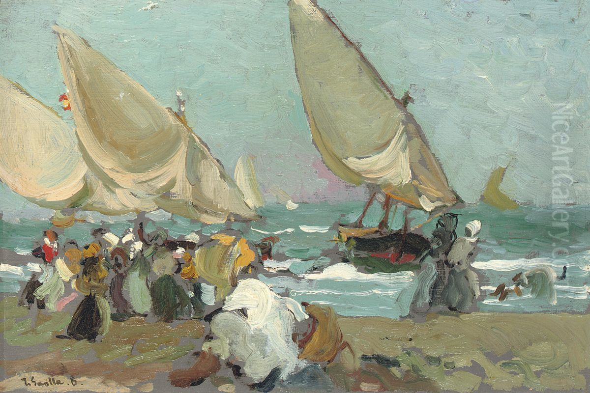 Boats on the beach of Valencia Oil Painting by Joaquin Sorolla