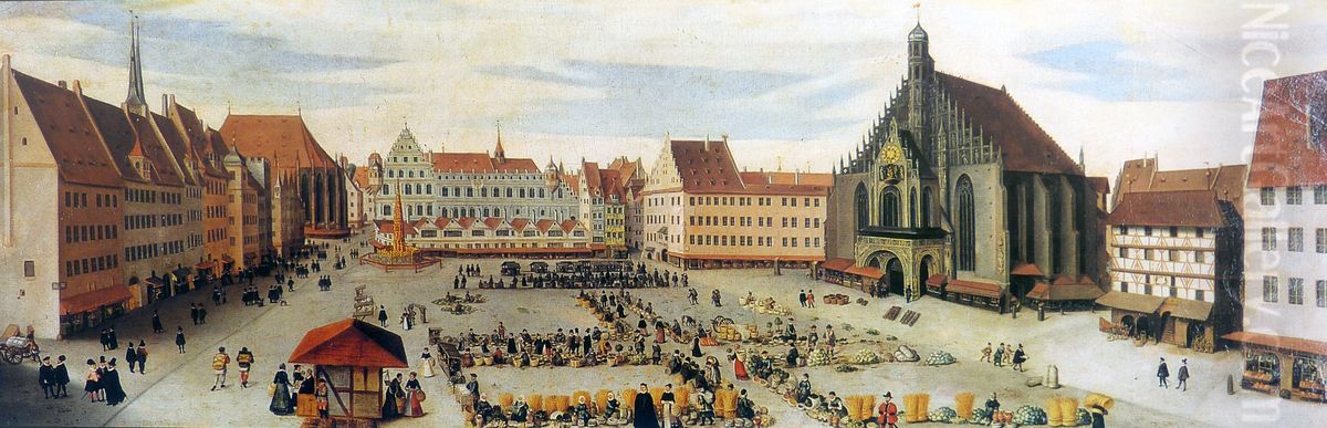 View of the main market in Nuremberg from the south Oil Painting by Lorenz Strauch