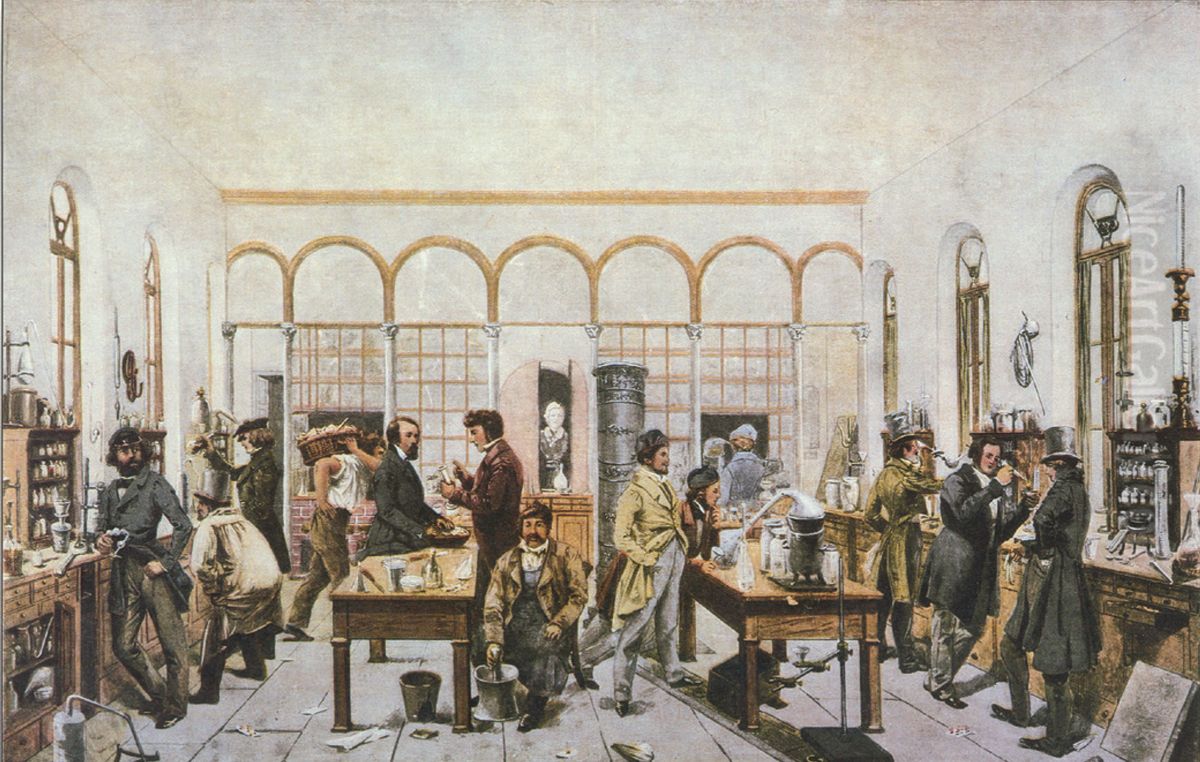 Justus von Liebigs Doktoranden in seinem Giessener Labor Oil Painting by Wilhelm Carl F. Trautschold