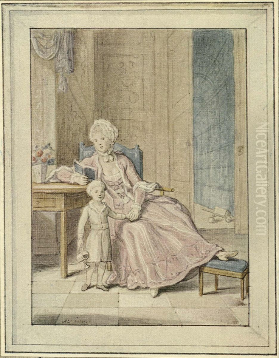 Dronning Caroline Mathilde med kronprins Frederik. Forste udkast. Oil Painting by Peder Als