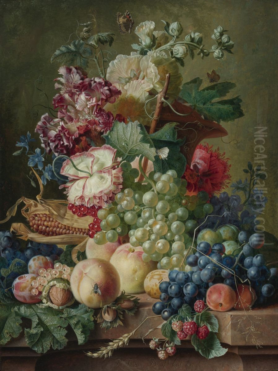 Still Life of Flowers and Fruits on a Marble Ledge Oil Painting by Paul Theodor van Brussel