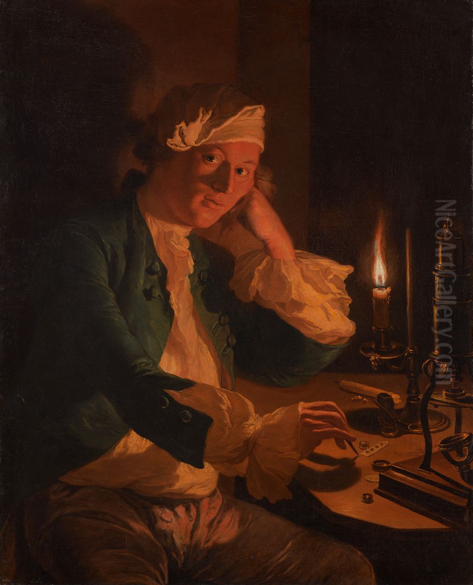 A Scientist Seated at a Desk by Candlelight Oil Painting by Anna Dorothea Therbusch