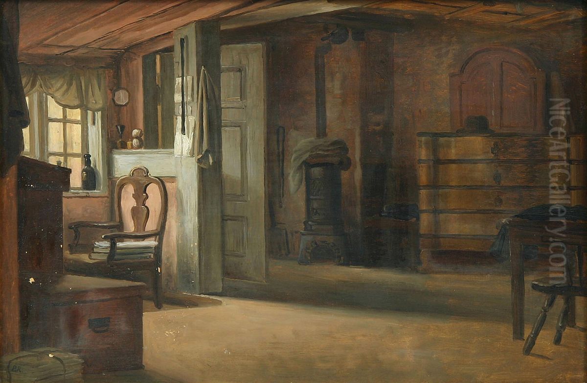 Interior of a farmhouse. Oil Painting by Johan Peter Raadsig