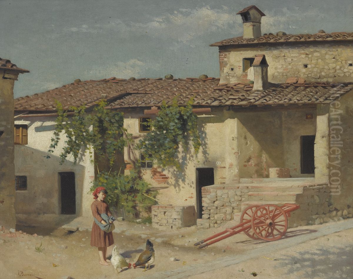 Feeding chickens Oil Painting by Odoardo Borrani