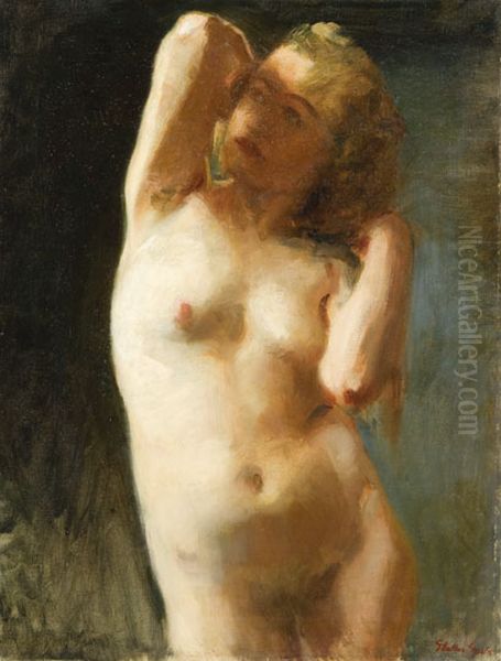 Stretching Nude Oil Painting by Gyula Glatter