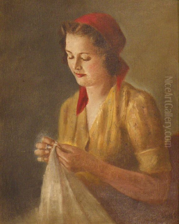 Embroidering Girl Oil Painting by Gyula Glatter