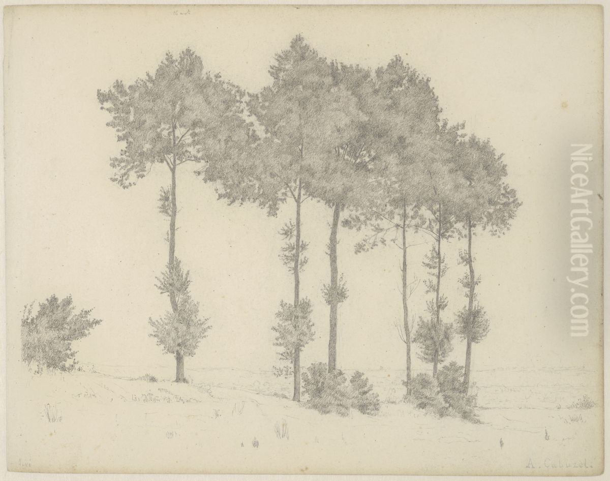 Study of Six Trees in a Landscape Oil Painting by Auguste-Hector Cabuzel