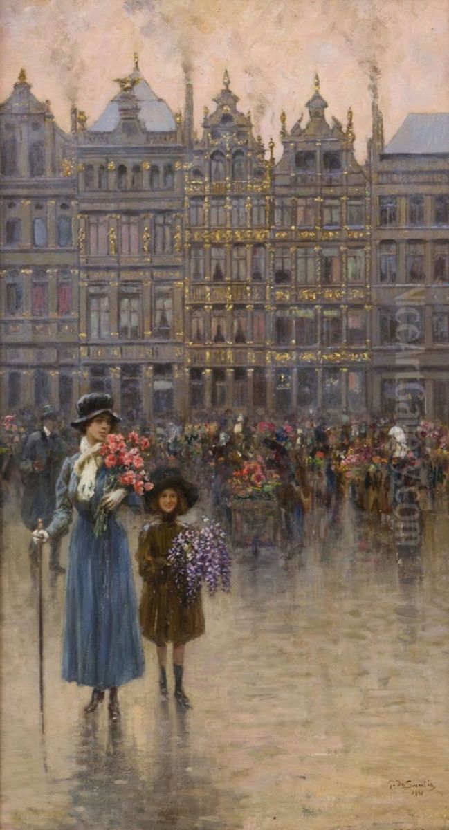 The Flower Market in Brussels Oil Painting by Giuseppe De Sanctis
