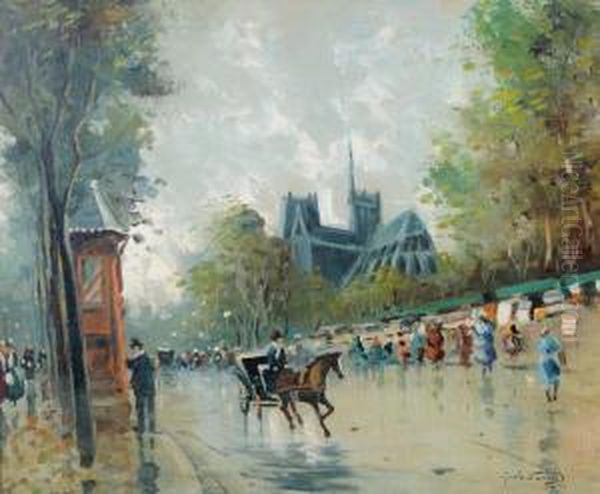 Scene near Notre Dame Oil Painting by Giuseppe De Sanctis