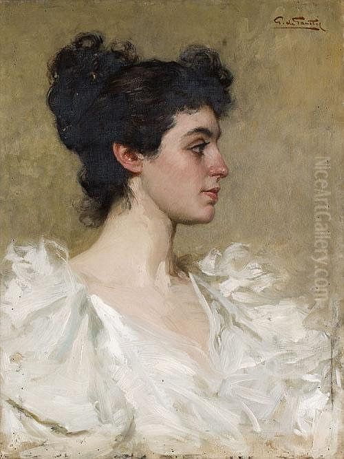 Young Woman in White Oil Painting by Giuseppe De Sanctis