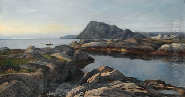 Coastal landscape with rowing boat Oil Painting by Frederik Collett