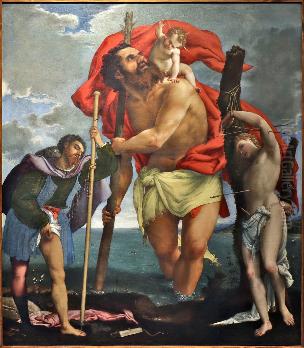 Saint Christopher with Saint Roch and Saint Sebastian by Lorenzo Lotto Oil Painting by Lorenzo Lotto