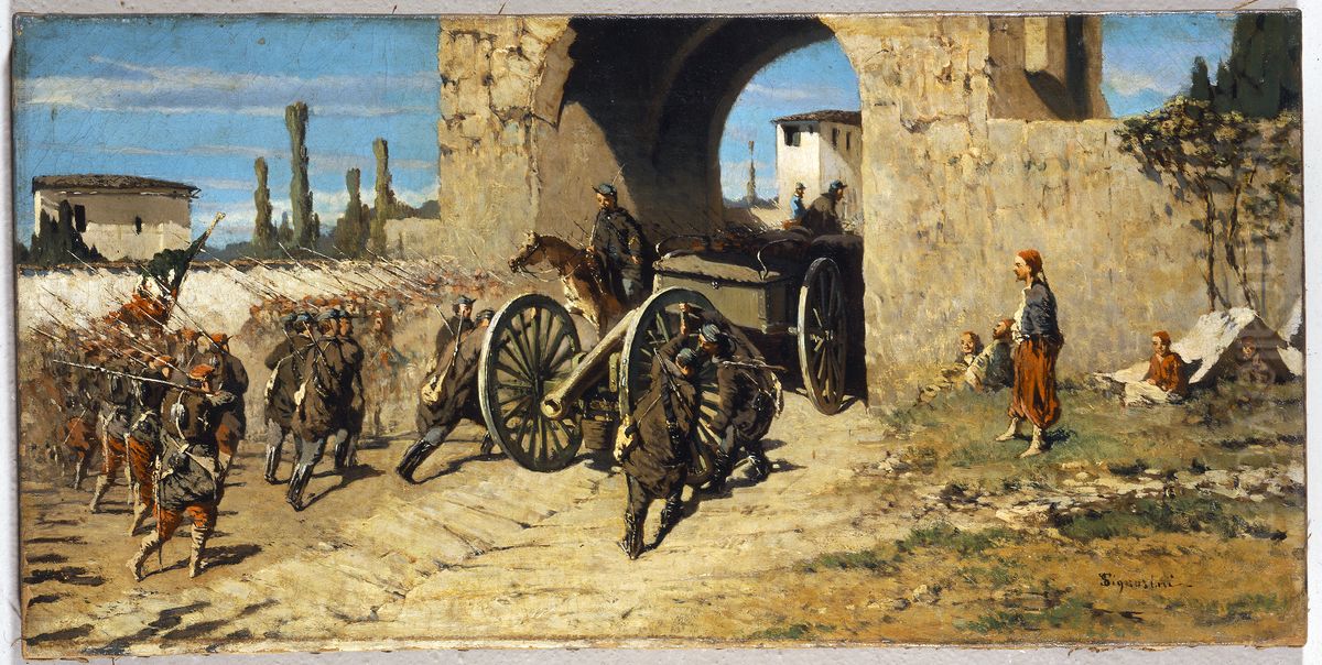 Arms forward. Entry of the French zouaves and the Tuscan artillery in Rubiera Oil Painting by Telemaco Signorini