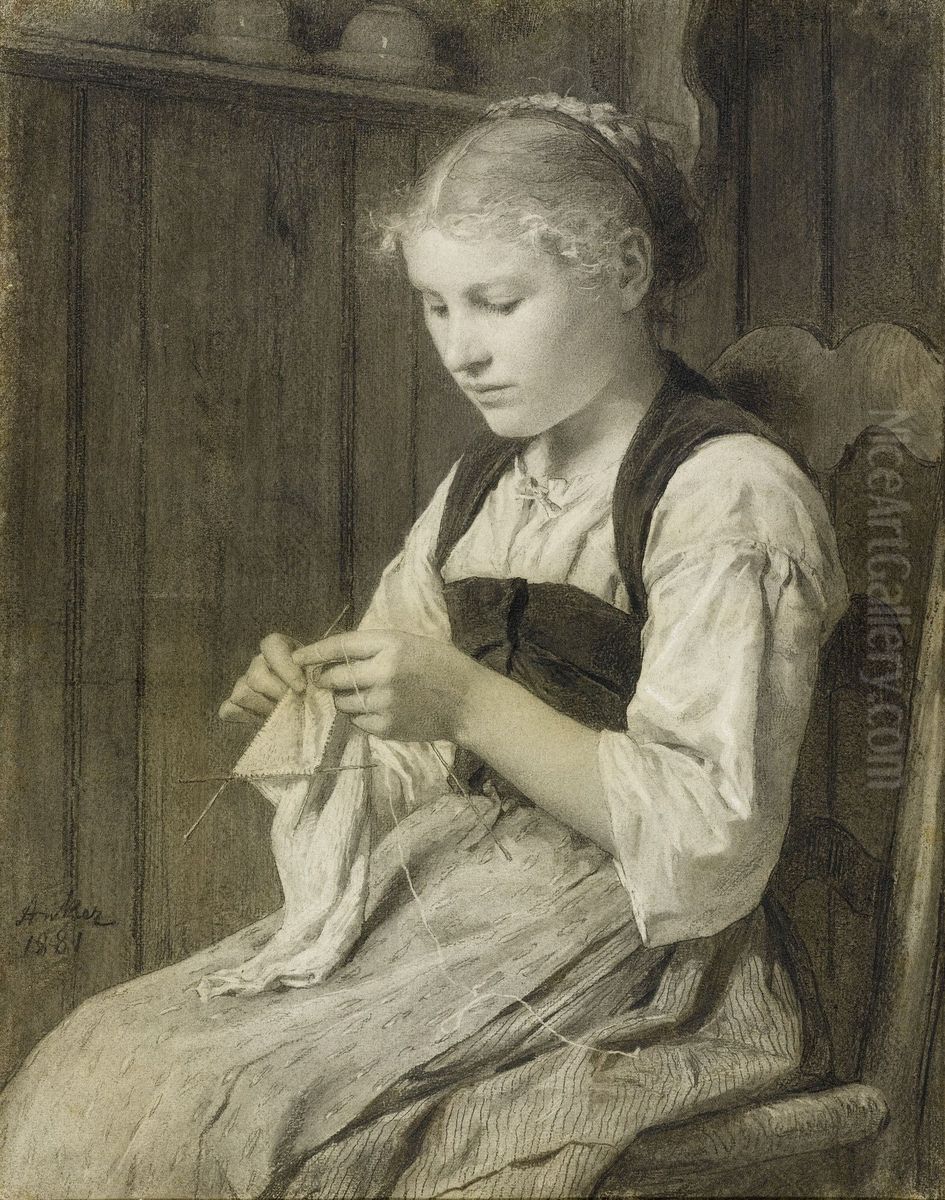 Knitting girl Oil Painting by Albert Anker