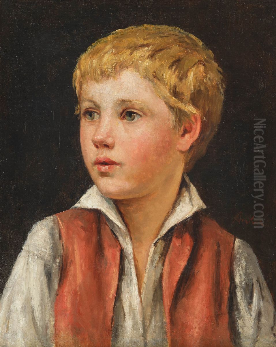 Boy in a red waistcoat Oil Painting by Albert Anker