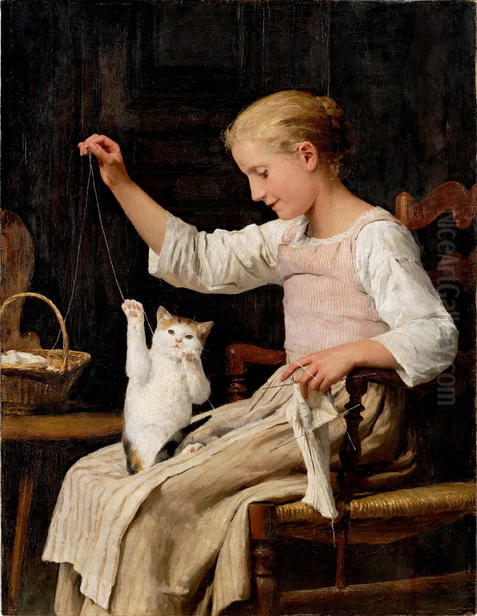 Girl playing with cat Oil Painting by Albert Anker