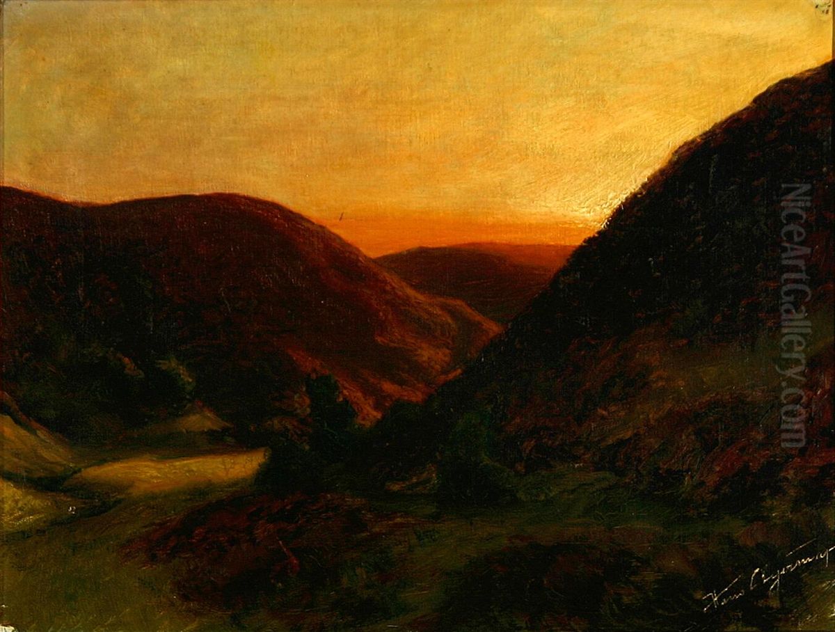 A landscape scenery at sunset. Oil Painting by Hans Agersnap