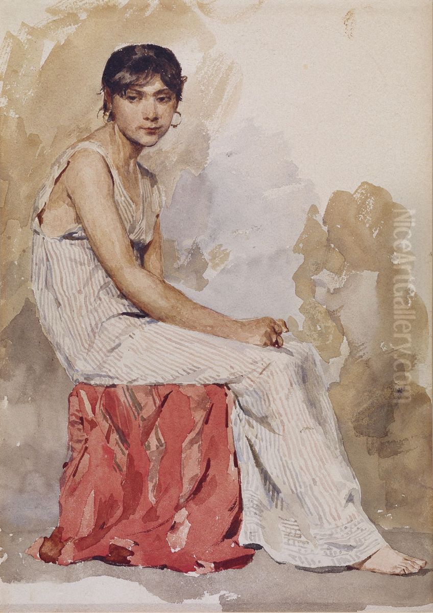 Seated young woman to the right Oil Painting by Albert Anker