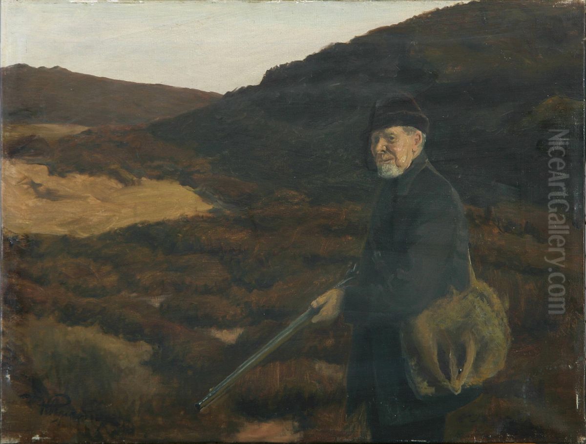 A hunter in a heath landscape. Oil Painting by Hans Agersnap