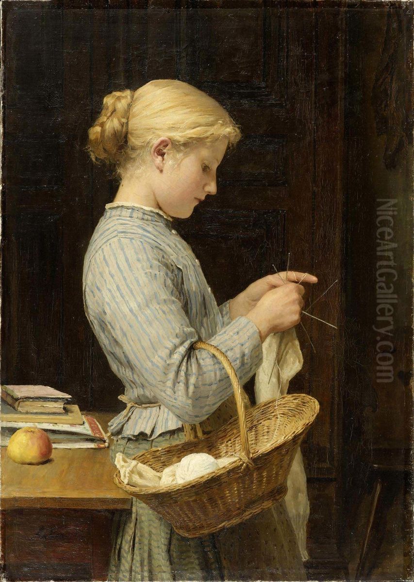 Knitting girl Oil Painting by Albert Anker