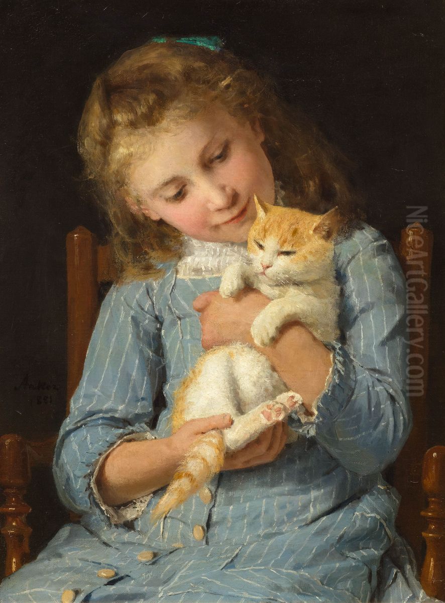 Madchen mit Katze Oil Painting by Albert Anker