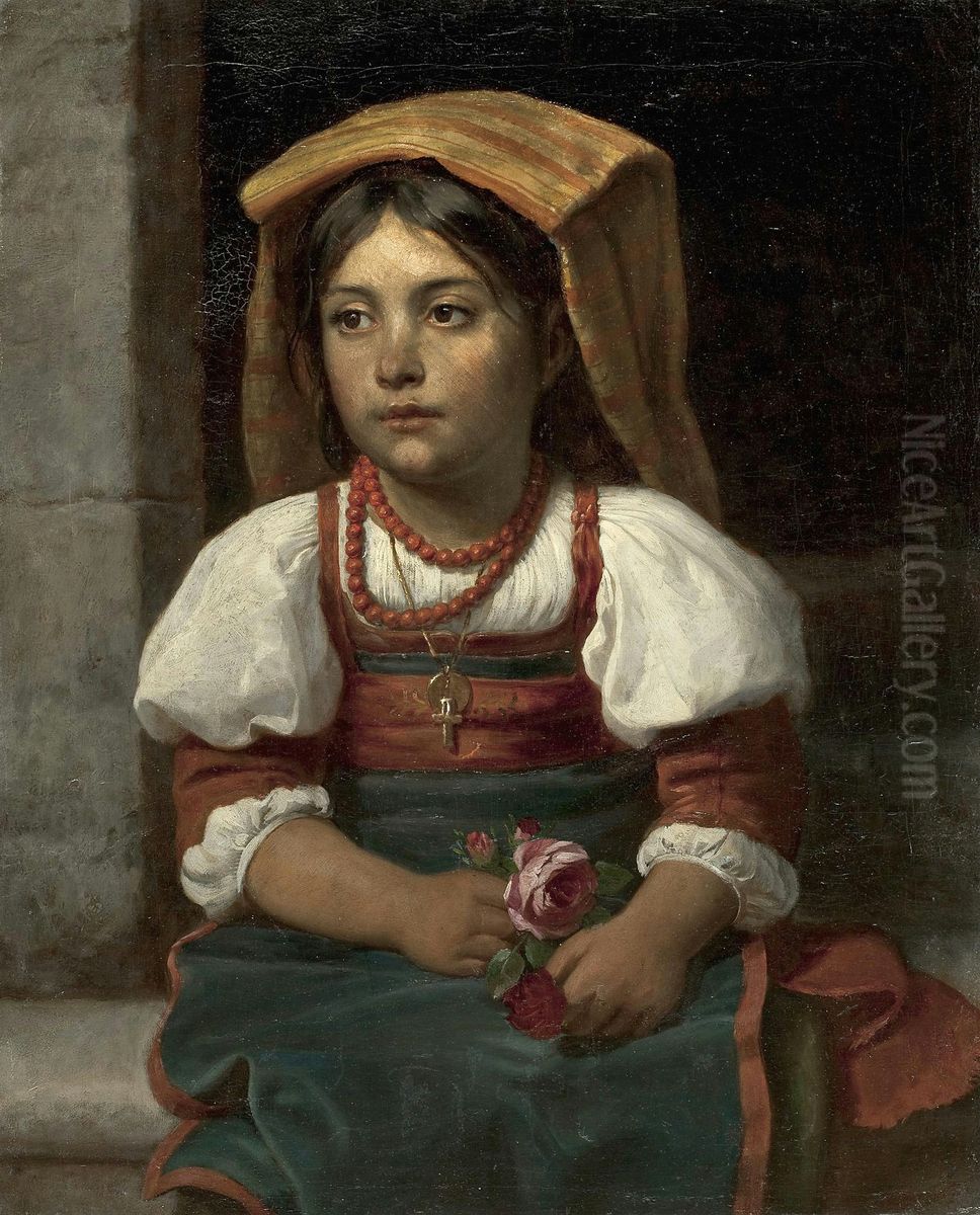 Sitting Italian girl with roses Oil Painting by Karl von Blaas