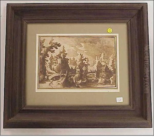 Brown Ink With Wash Onpaper, Tuscan Town With Figures On Bridge, 8 7/8