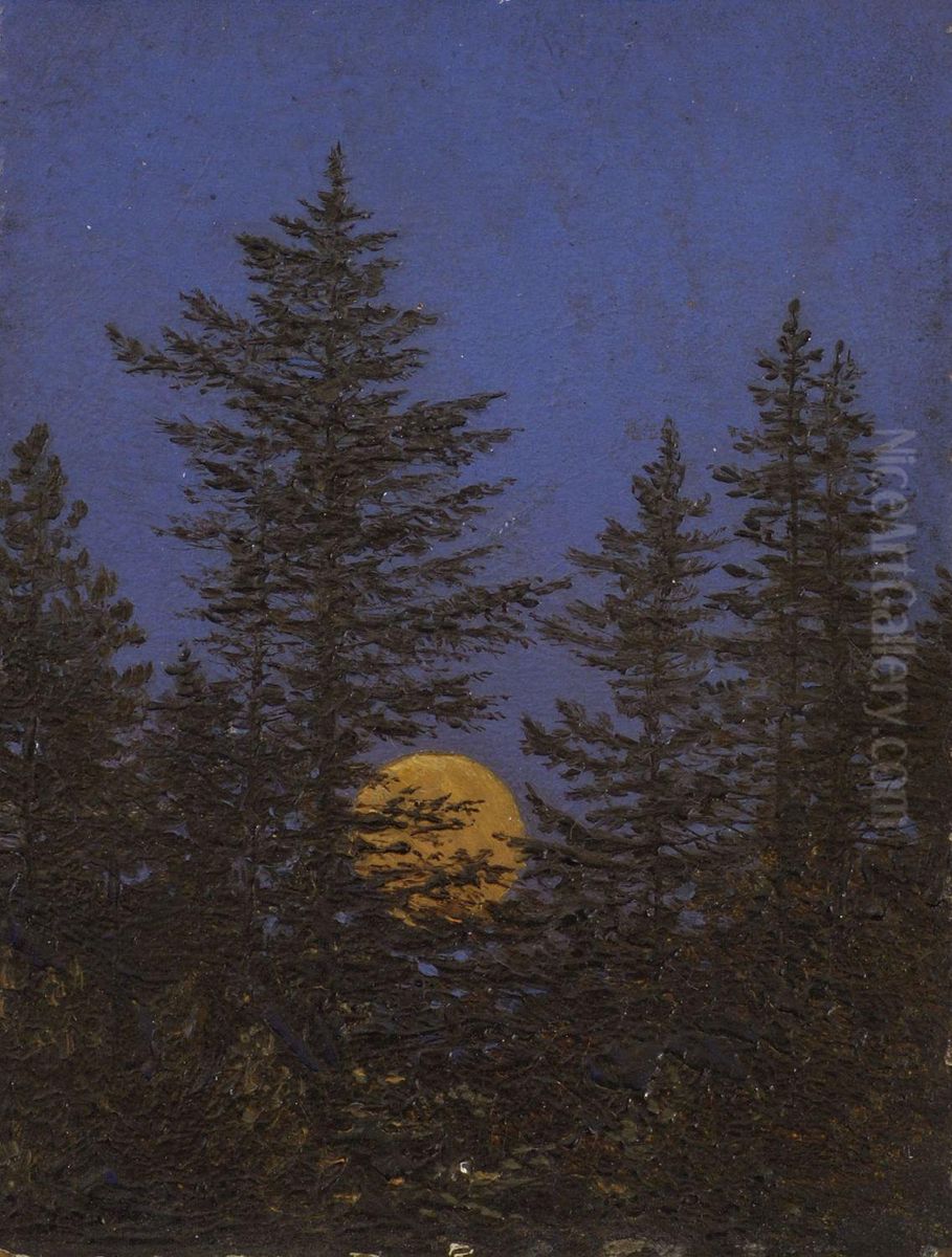 Rising full moon behind fir trees Oil Painting by Carl Gustav Carus