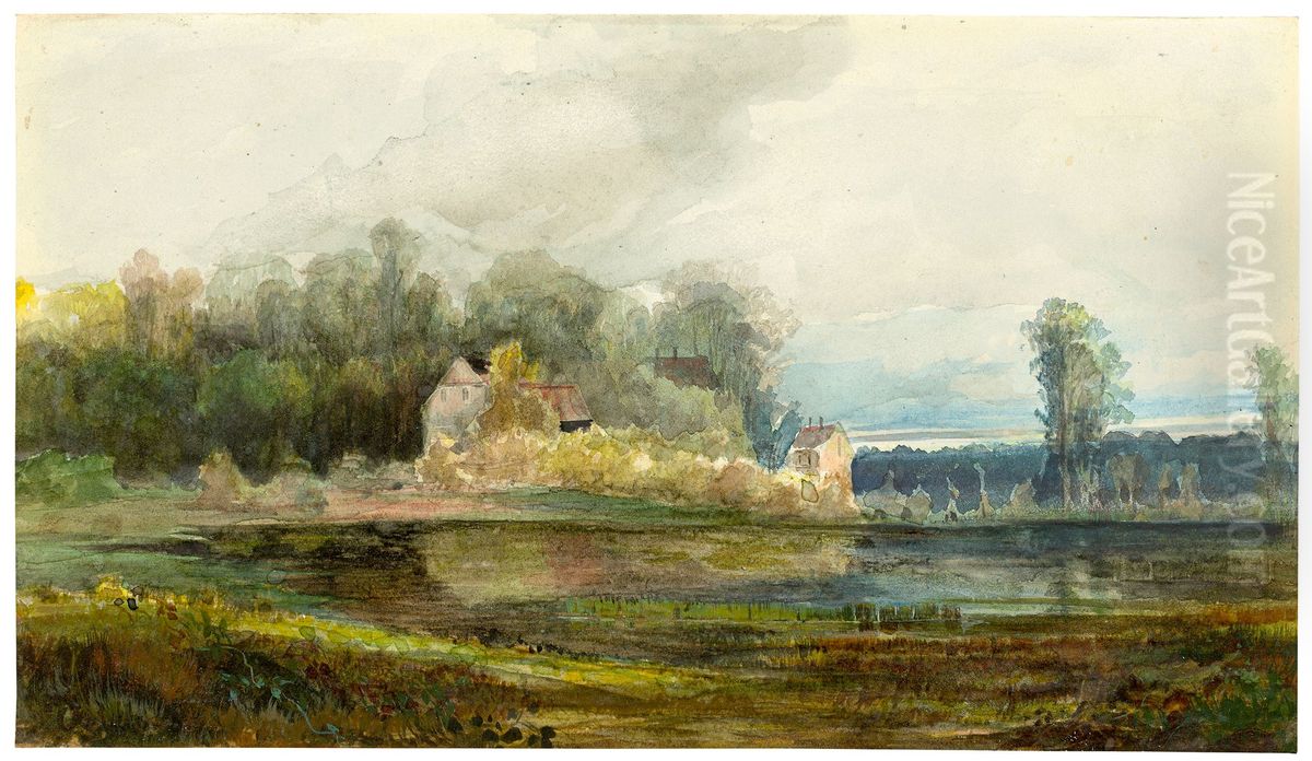 Teich mit Wald und Hausern Oil Painting by Carl Blechen