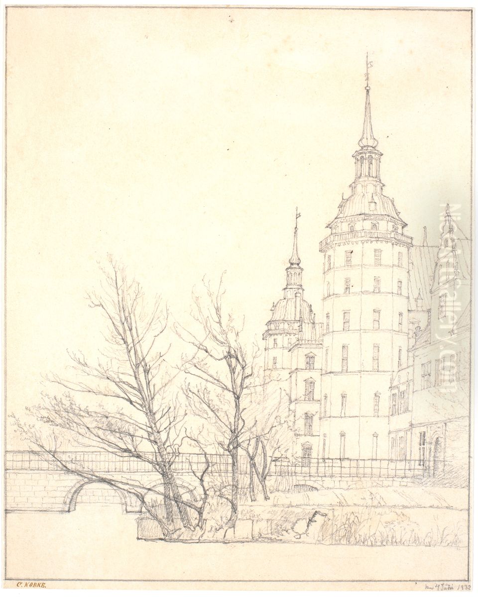 Frederiksborg Slot. Parti ved Montbroen Oil Painting by Christen Kobke