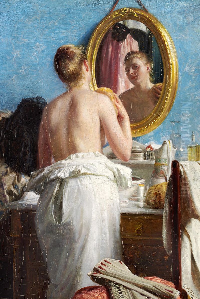 A young woman washing before a carnival. Oil Painting by Carl Heinrich Bloch