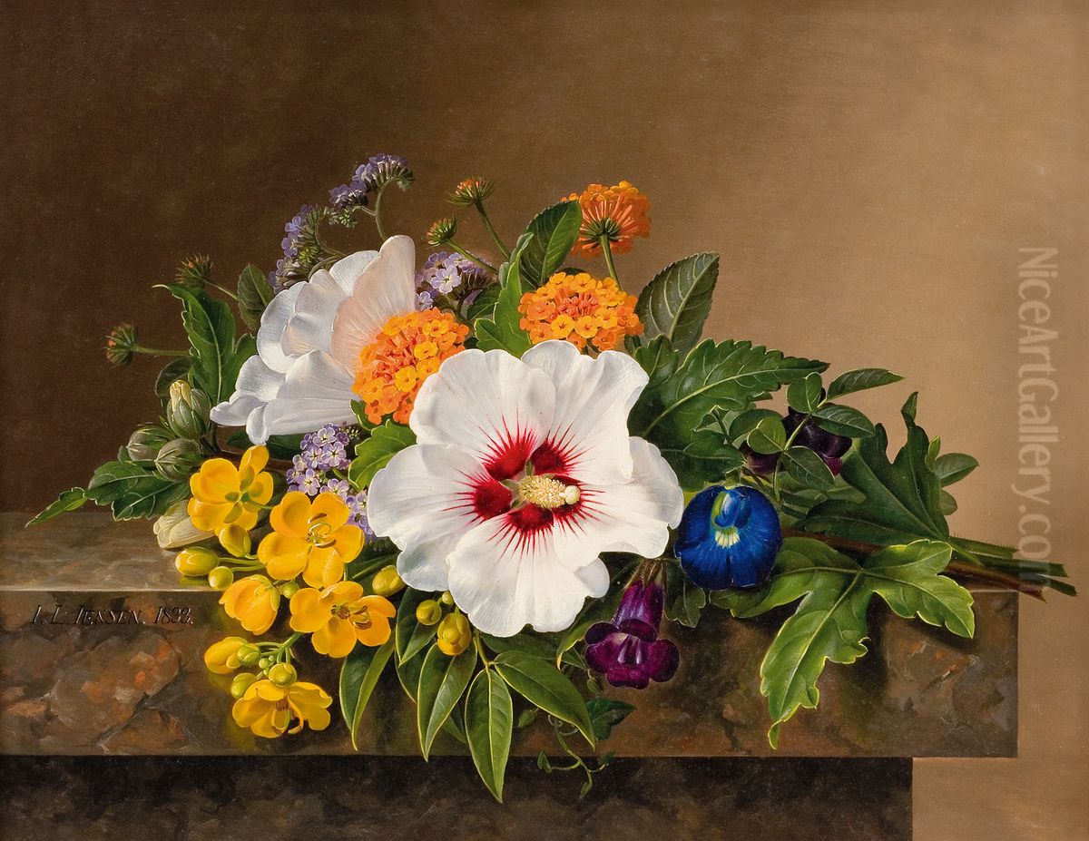 Flowers on a marble table. Oil Painting by Johan Laurentz Jensen