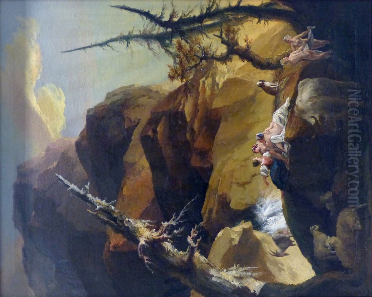 Bathers near a Waterfall in the Mountains Oil Painting by Caspar Wolf