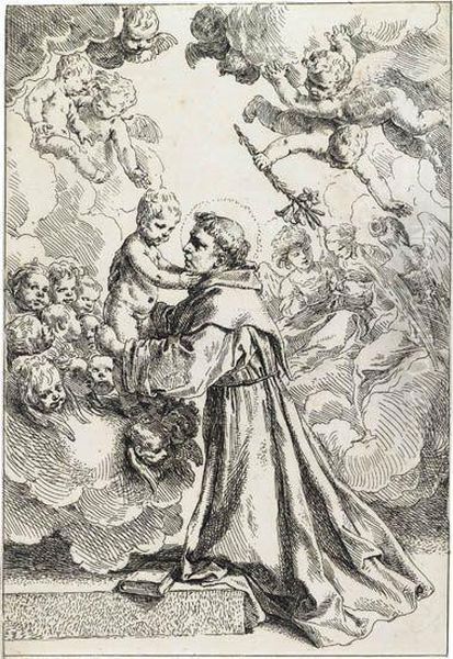 St.anthony Of Padua Adoring The Christ Child Oil Painting by Simone Cantarini (Pesarese)