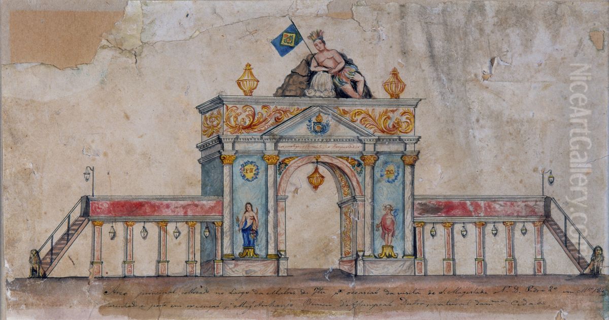 Arco Principal colocado no largo da Matriz, em Itu, por ocasiao da visita de S. Majestade de D. Pedro II Oil Painting by Miguelzinho Dutra