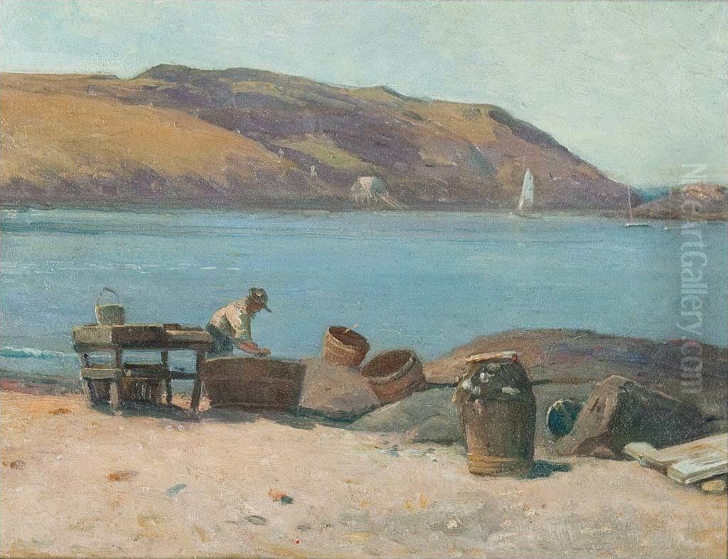 Fisherman Cleaning Gear, Monhegan Oil Painting by Benjamin Eggleston