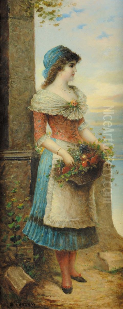 Portrait of a flower girl Oil Painting by Egisto Ferroni