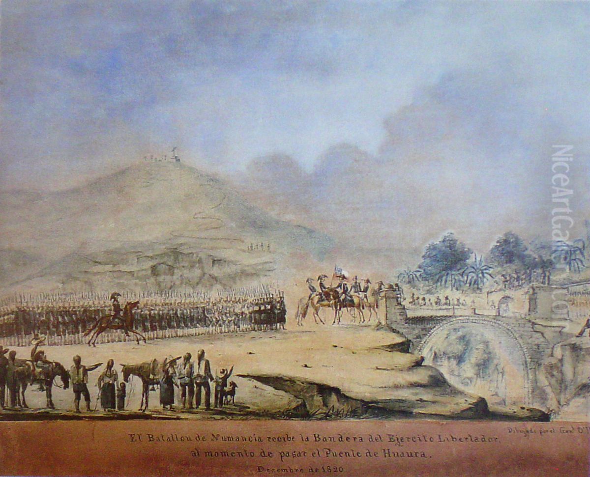 El Batallon Numancia recibe la Bandera del Ejercito Libertador al momento de pasar el puente de Huaura Oil Painting by Bernardo juju