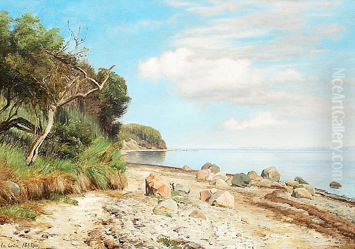 Kystparti, i baggrunden sejlskib. Oil Painting by Janus Andreas Bartholin La Cour