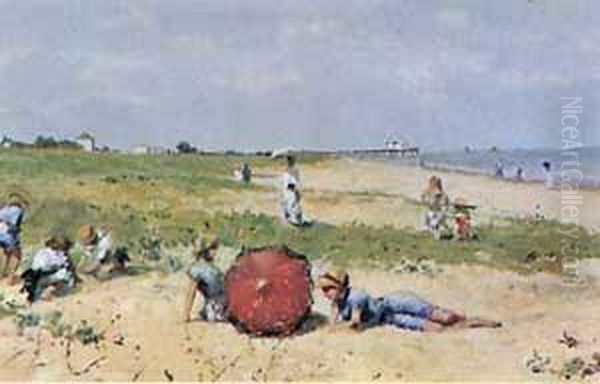 El quitasol rojo Oil Painting by Alberto Orrego Luco