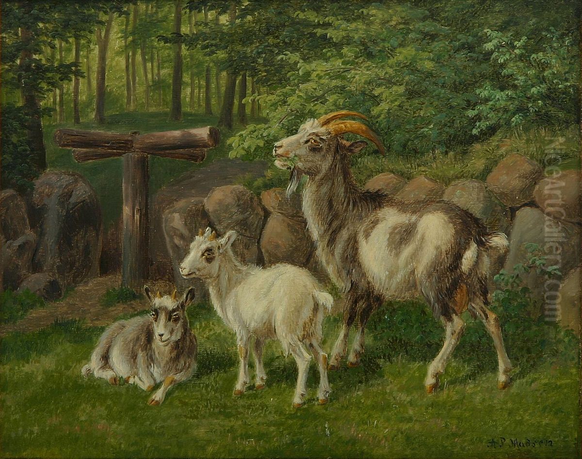 Parti med geder ved stengaerde. Oil Painting by Andreas Peter Madsen