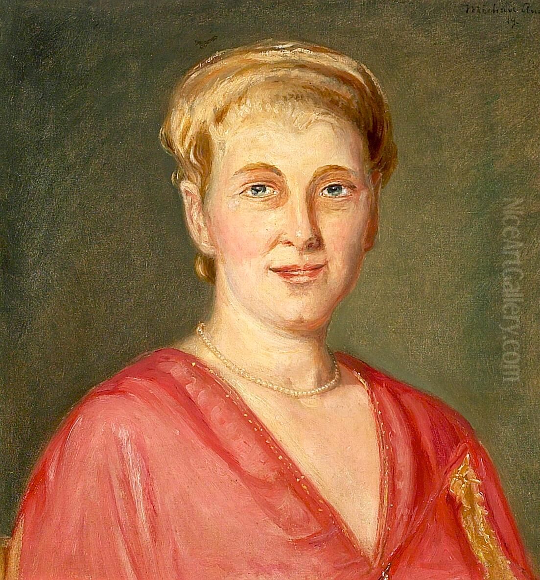 Portaet af en dame i rod kjole med perlekaede. Oil Painting by Michael Peter Ancher