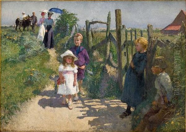 Promenade d'une famille dans les environs de Paris Oil Painting by Evariste Carpentier